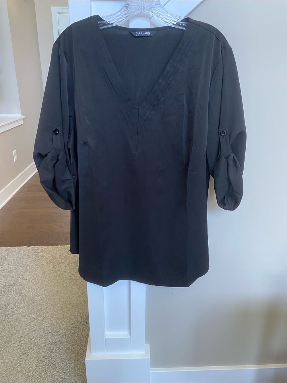 Bloomchic Black V-Neck Roll-Tab Sleeve Blouse